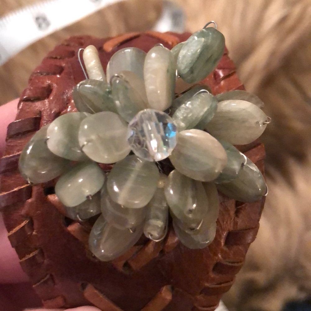 Boho Vintage Gypsy Leather Cuff Bracelet with Green Glass Bead Flower
